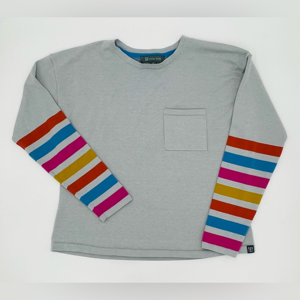 Title Nine “Synergy” crewneck boxy sweater with colorful striped sleeves